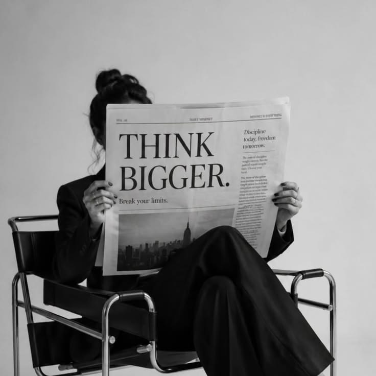 Mujer sentada sosteniendo un periódico que dice "Piensa en grande, rompe tus límites"